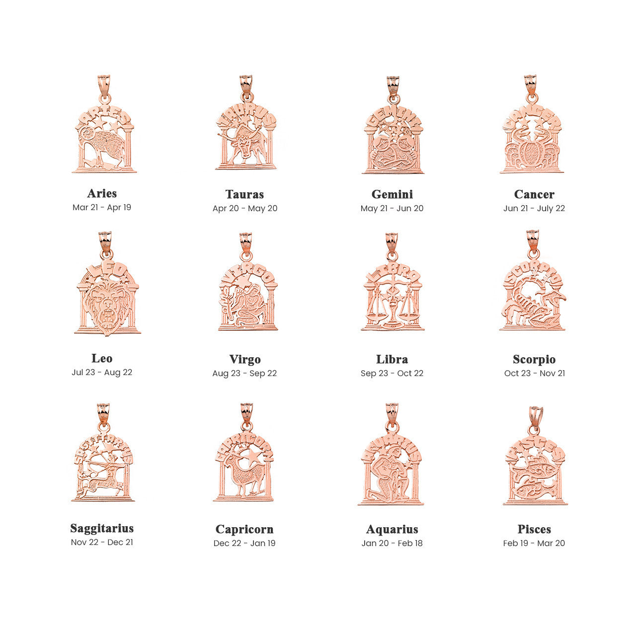 Solid Gold 12 Zodiac Signs Pendant Necklace (Available in Yellow/Rose/White Gold)