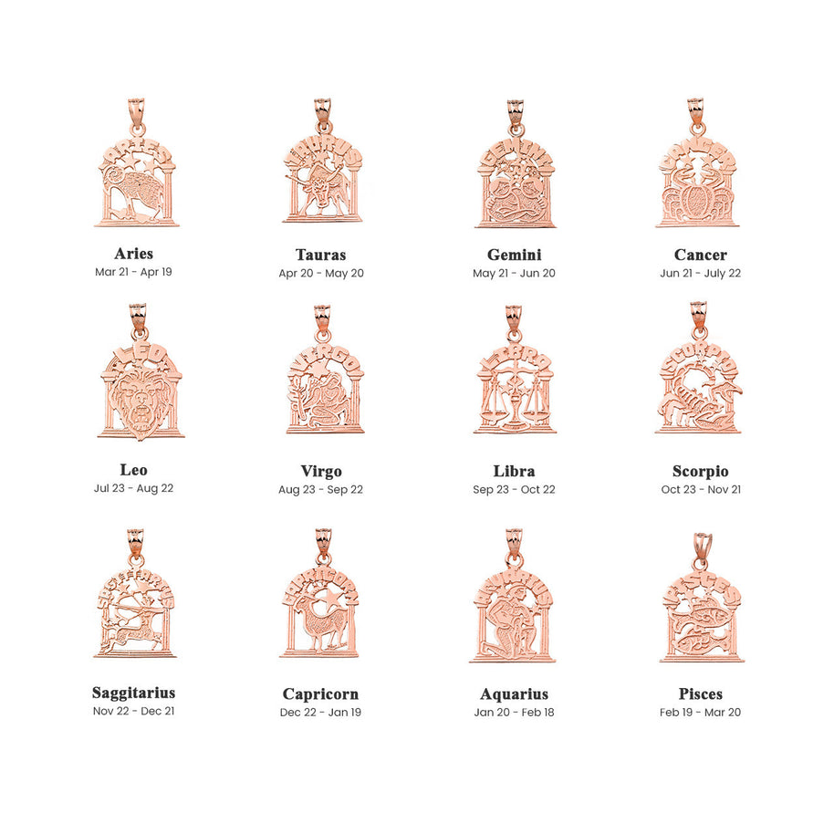 Solid Gold 12 Zodiac Signs Pendant Necklace (Available in Yellow/Rose/White Gold)