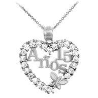 .925 Sterling Silver Sweet Cubic Zirconia Heart 15 Años Butterfly Quinceañera Pendant Necklace