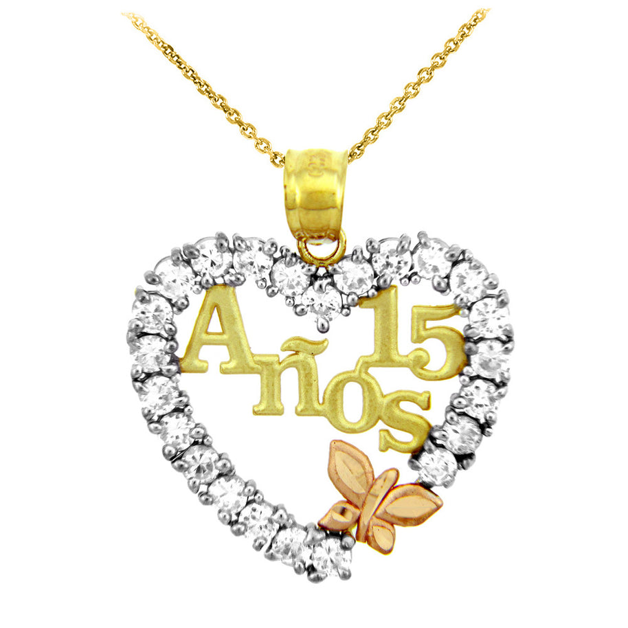 Tri-Color Gold Cubic Zirconia Heart 15 Años Butterfly Quinceañera Pendant Necklace