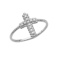 Gold Diamond Cross With Beaded Band Dainty Ring (Available in Yellow/Rose/White Gold)