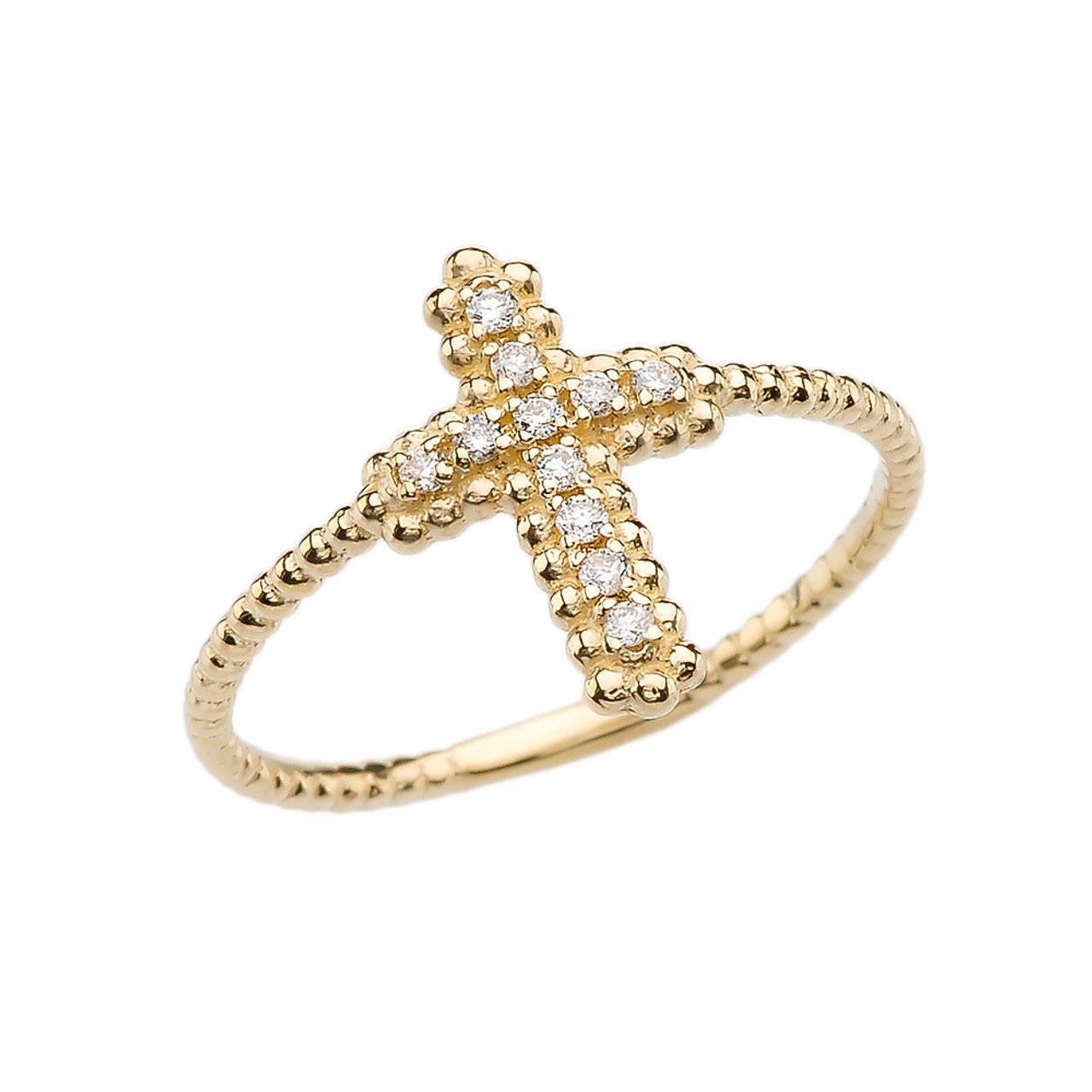 Gold Diamond Cross With Beaded Band Dainty Ring (Available in Yellow/Rose/White Gold)