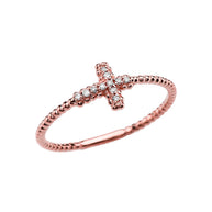 Gold Diamond Sideways Cross Beaded Ring (Available in Yellow/Rose/White Gold)