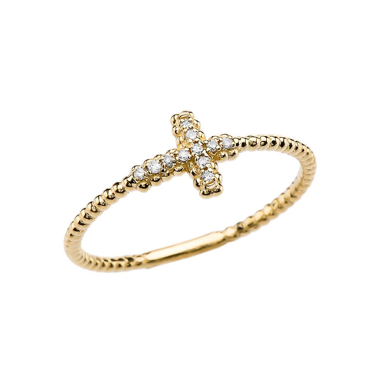 Gold Diamond Sideways Cross Beaded Ring (Available in Yellow/Rose/White Gold)