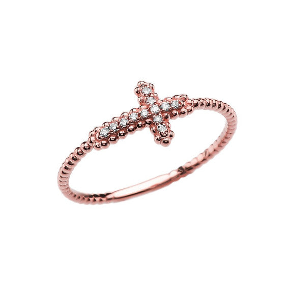 Gold Dainty Beaded Sideways Diamond Cross Ring (Available in Yellow/Rose/White Gold)