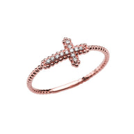 Gold Dainty Beaded Sideways Diamond Cross Ring (Available in Yellow/Rose/White Gold)