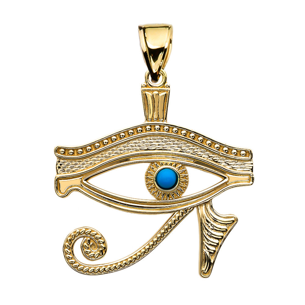 Solid Gold Egyptian Eye of Horus Wadjet Turquoise Pendant Necklace(Available In Yellow/Rose/White Gold)
