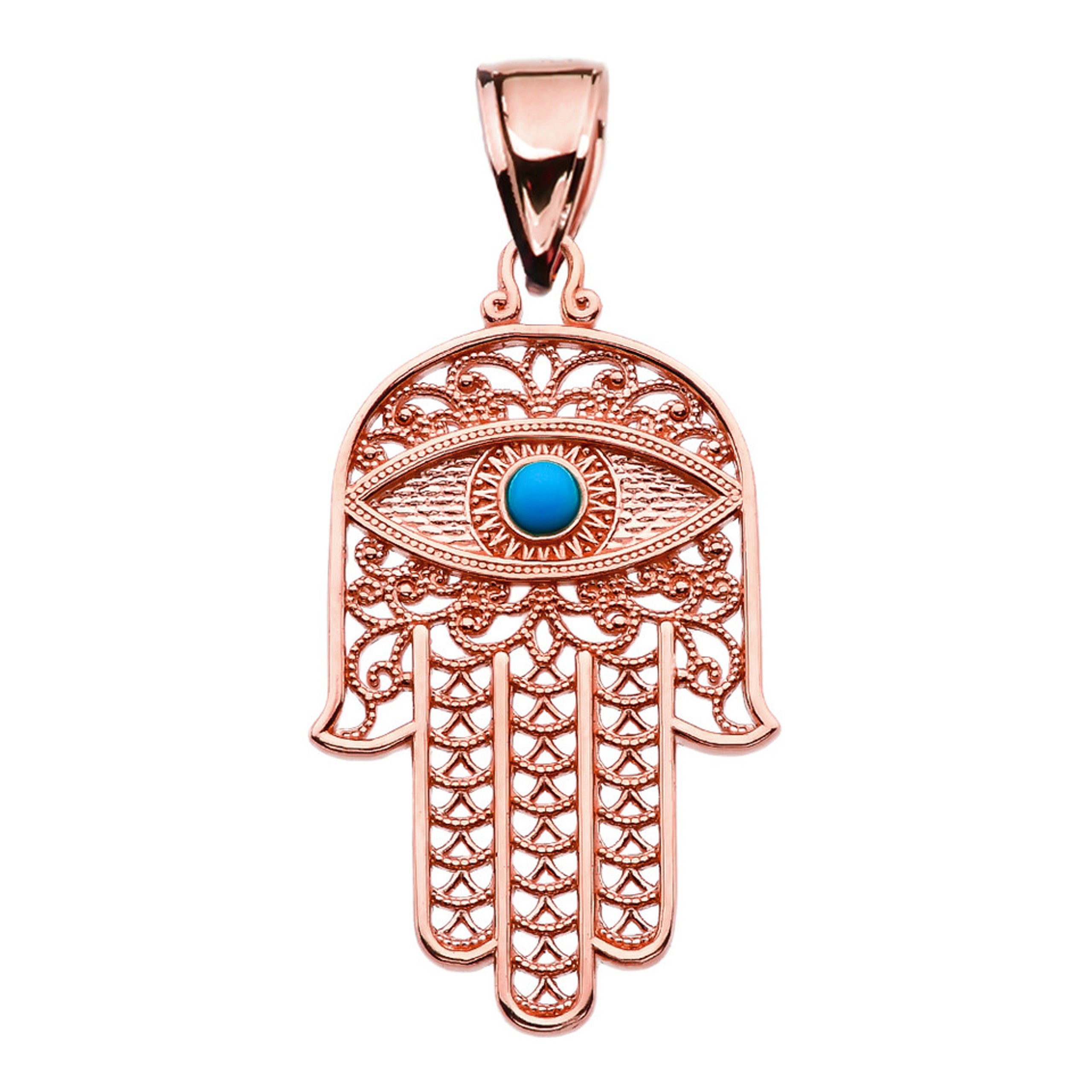 Gold Filigree Hamsa Hand Turquoise Gemstone Evil Eye Beaded Pendant Necklace (Available in Yellow/Rose/White Gold)
