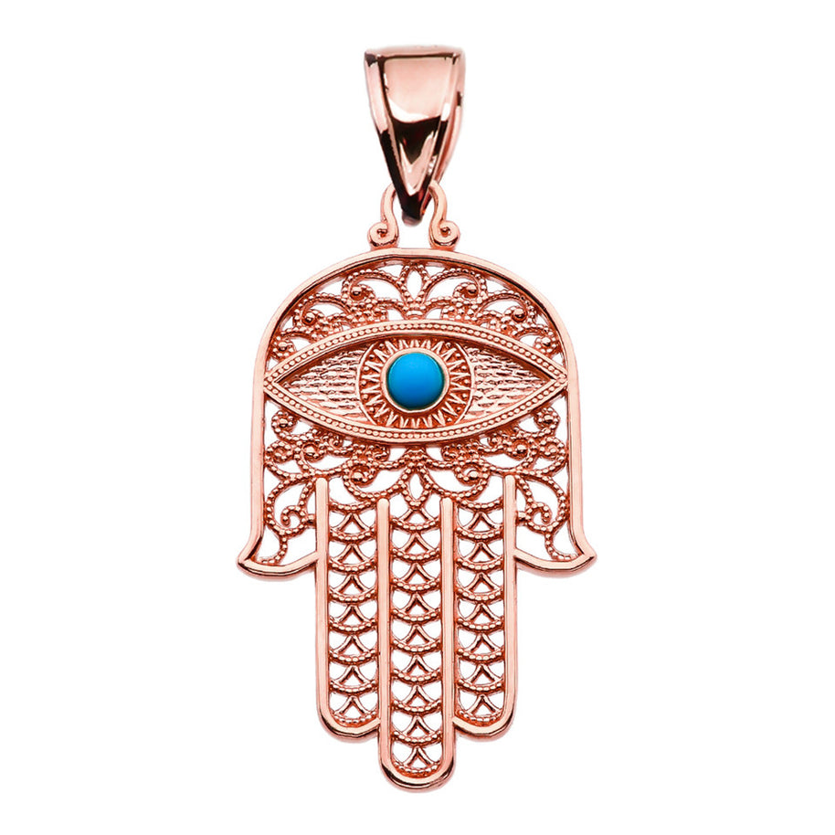 Gold Filigree Hamsa Hand Turquoise Gemstone Evil Eye Beaded Pendant Necklace (Available in Yellow/Rose/White Gold)