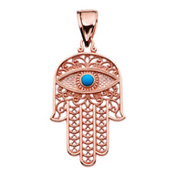 Gold Filigree Hamsa Hand Turquoise Gemstone Evil Eye Beaded Pendant Necklace (Available in Yellow/Rose/White Gold)