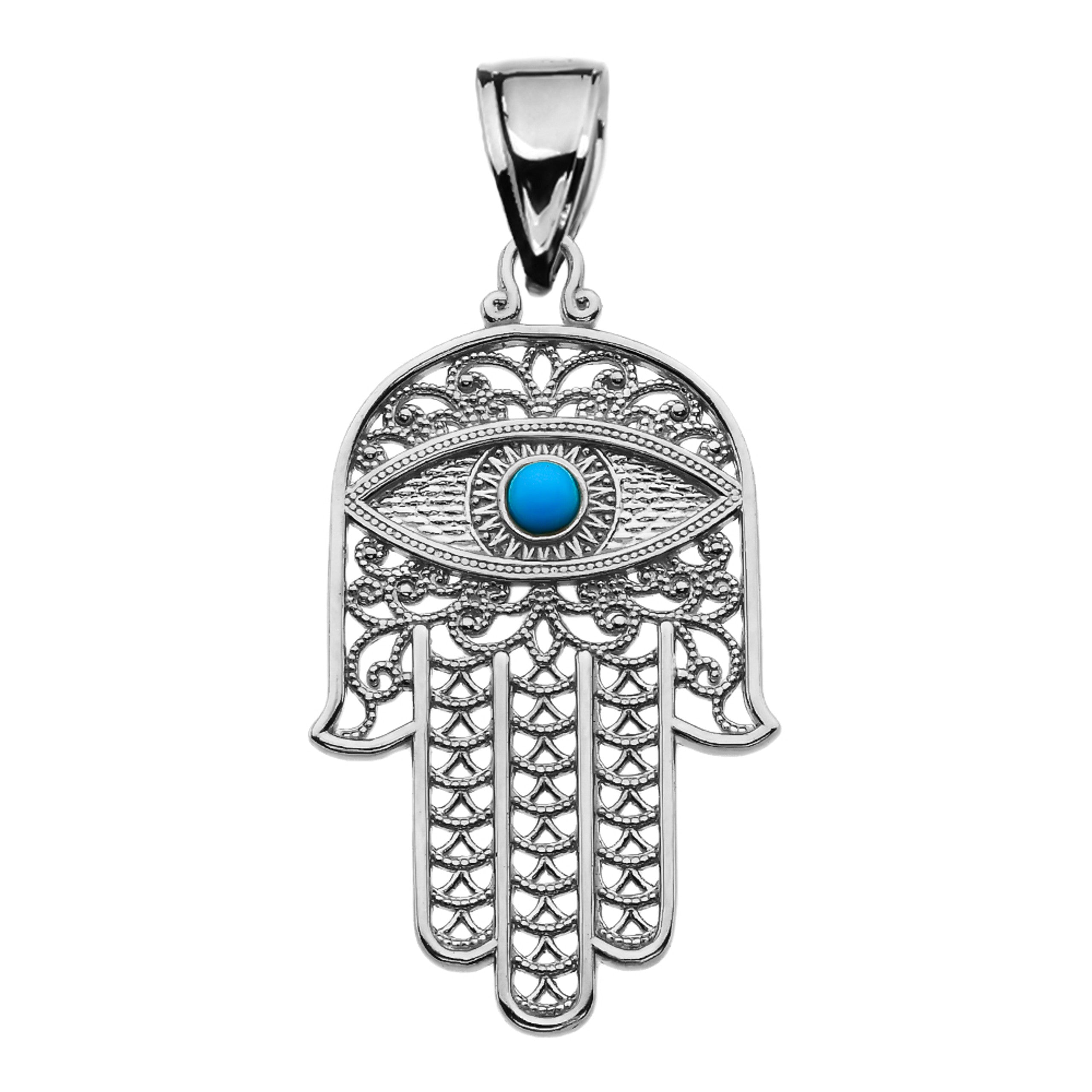 .925 Sterling Silver Filigree Hamsa Hand Turquoise Gemstone Evil Eye Beaded Pendant Necklace