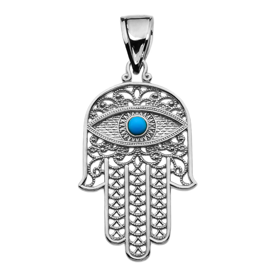 .925 Sterling Silver Filigree Hamsa Hand Turquoise Gemstone Evil Eye Beaded Pendant Necklace