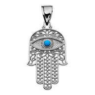 .925 Sterling Silver Filigree Hamsa Hand Turquoise Gemstone Evil Eye Beaded Pendant Necklace