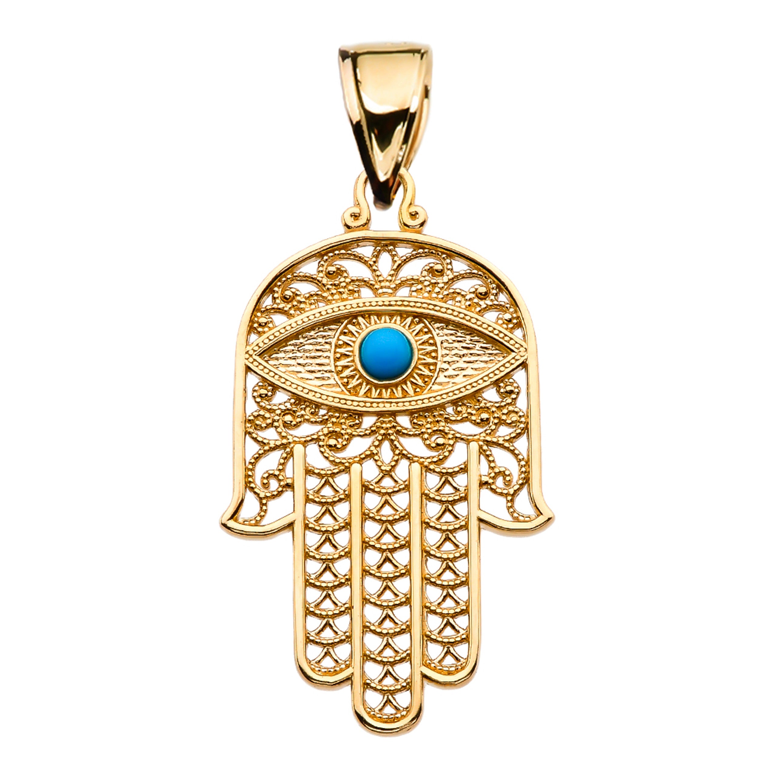 Gold Filigree Hamsa Hand Turquoise Gemstone Evil Eye Beaded Pendant Necklace (Available in Yellow/Rose/White Gold)