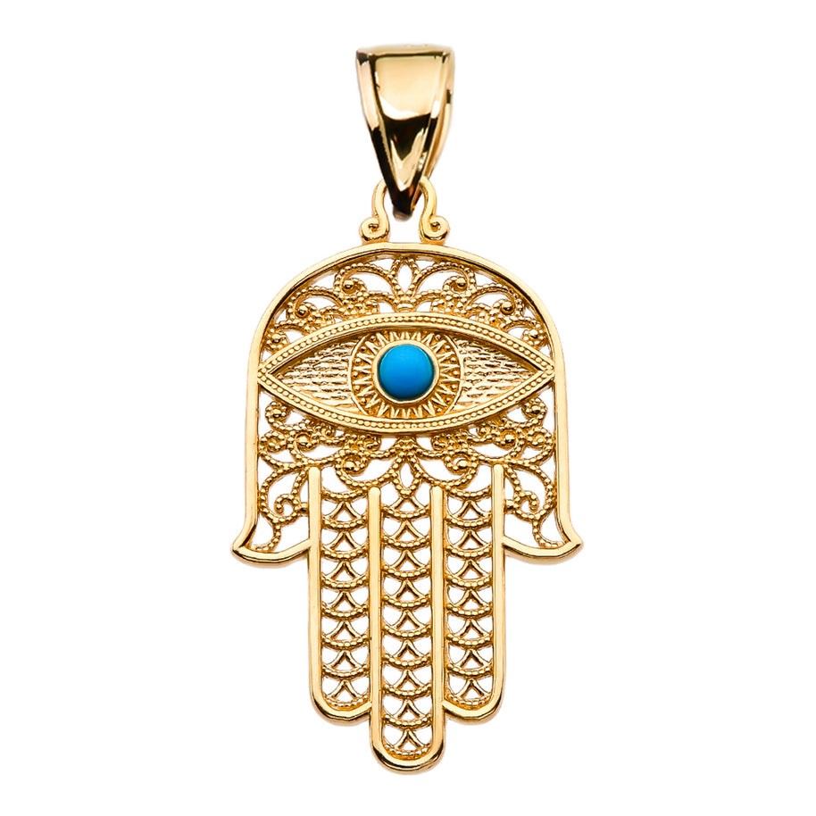 Gold Filigree Hamsa Hand Turquoise Gemstone Evil Eye Beaded Pendant Necklace (Available in Yellow/Rose/White Gold)