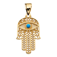 Gold Filigree Hamsa Hand Turquoise Gemstone Evil Eye Beaded Pendant Necklace (Available in Yellow/Rose/White Gold)