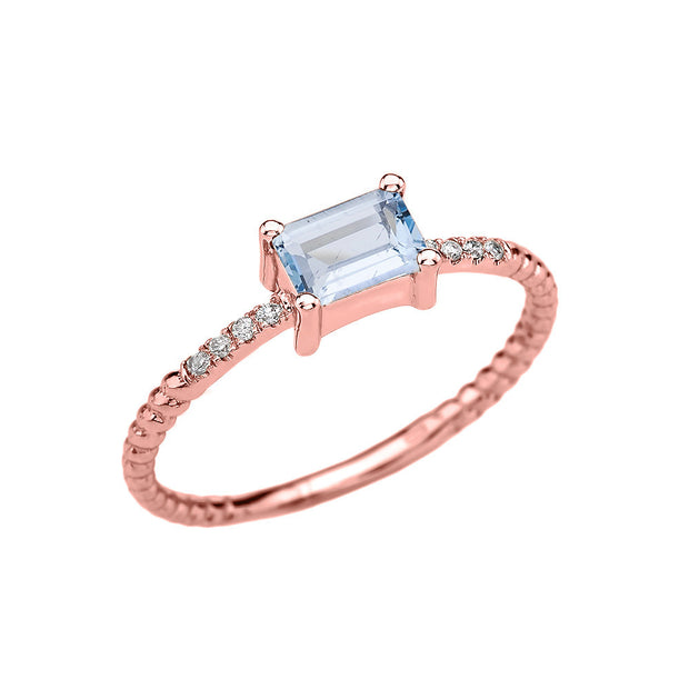 Gold Solitaire Emerald Cut Aquamarine and Diamond Rope Design Engagement/Promise Ring(Available In Yellow/Rose/White Gold)