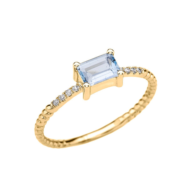Gold Solitaire Emerald Cut Aquamarine and Diamond Rope Design Engagement/Promise Ring(Available In Yellow/Rose/White Gold)
