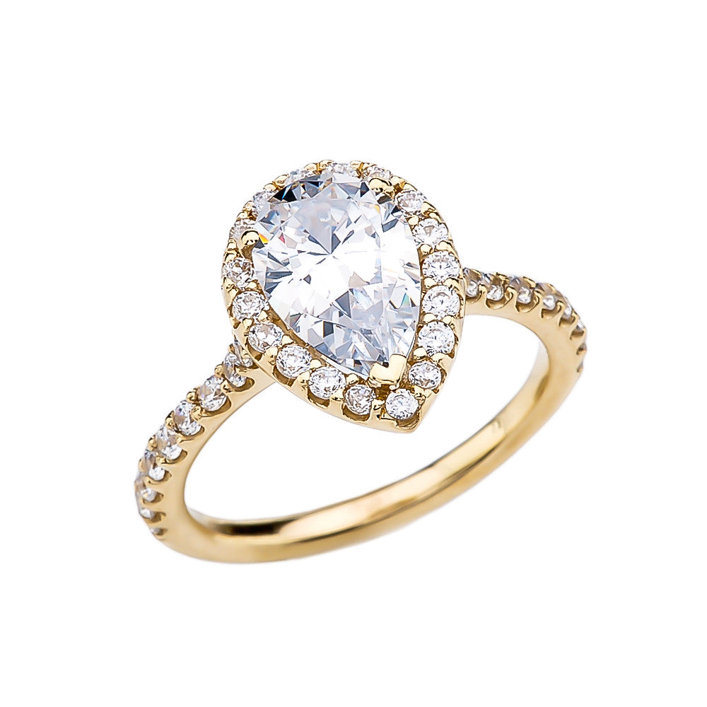 Yellow Gold Pear Cut 3 Carat Cubic Zirconia Halo Engagement Ring