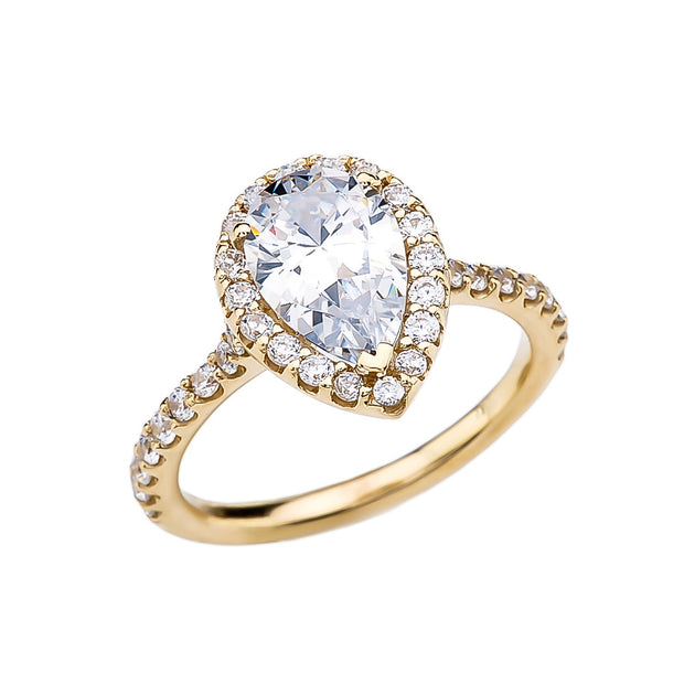 Yellow Gold Pear Cut 3 Carat Cubic Zirconia Halo Engagement Ring
