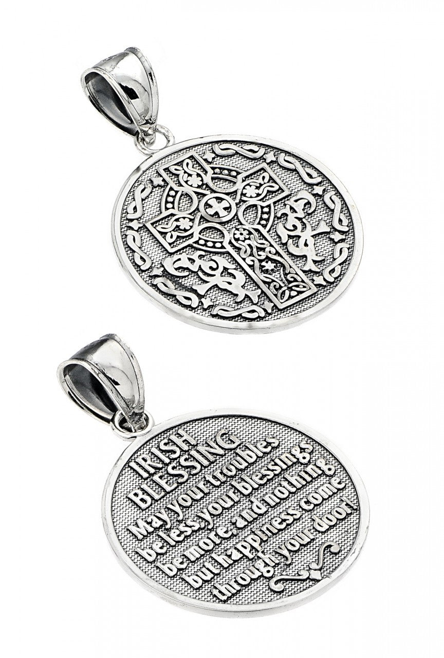 .925 Sterling Silver Celtic Cross Irish Blessing Textured Coin Medallion Pendant Necklace