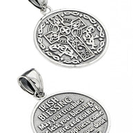 .925 Sterling Silver Celtic Cross Irish Blessing Textured Coin Medallion Pendant Necklace