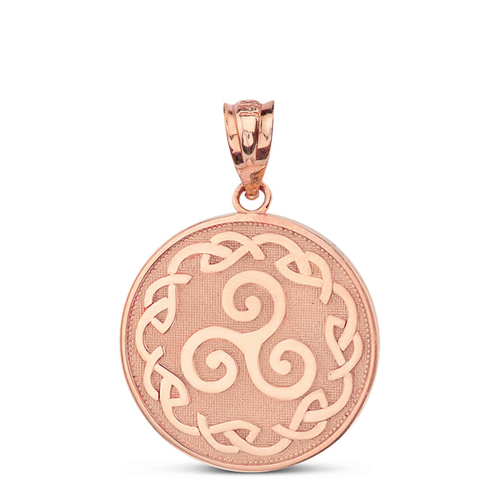 Solid Gold Triskele Triple Spiral Celtic Disc Pendant Necklace(Available in Yellow/Rose/White)