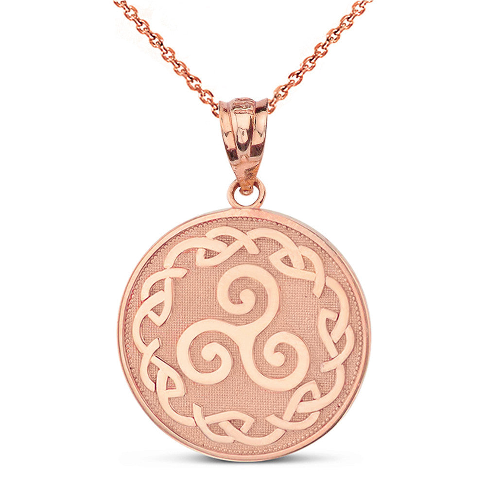 Solid Gold Triskele Triple Spiral Celtic Disc Pendant Necklace(Available in Yellow/Rose/White)