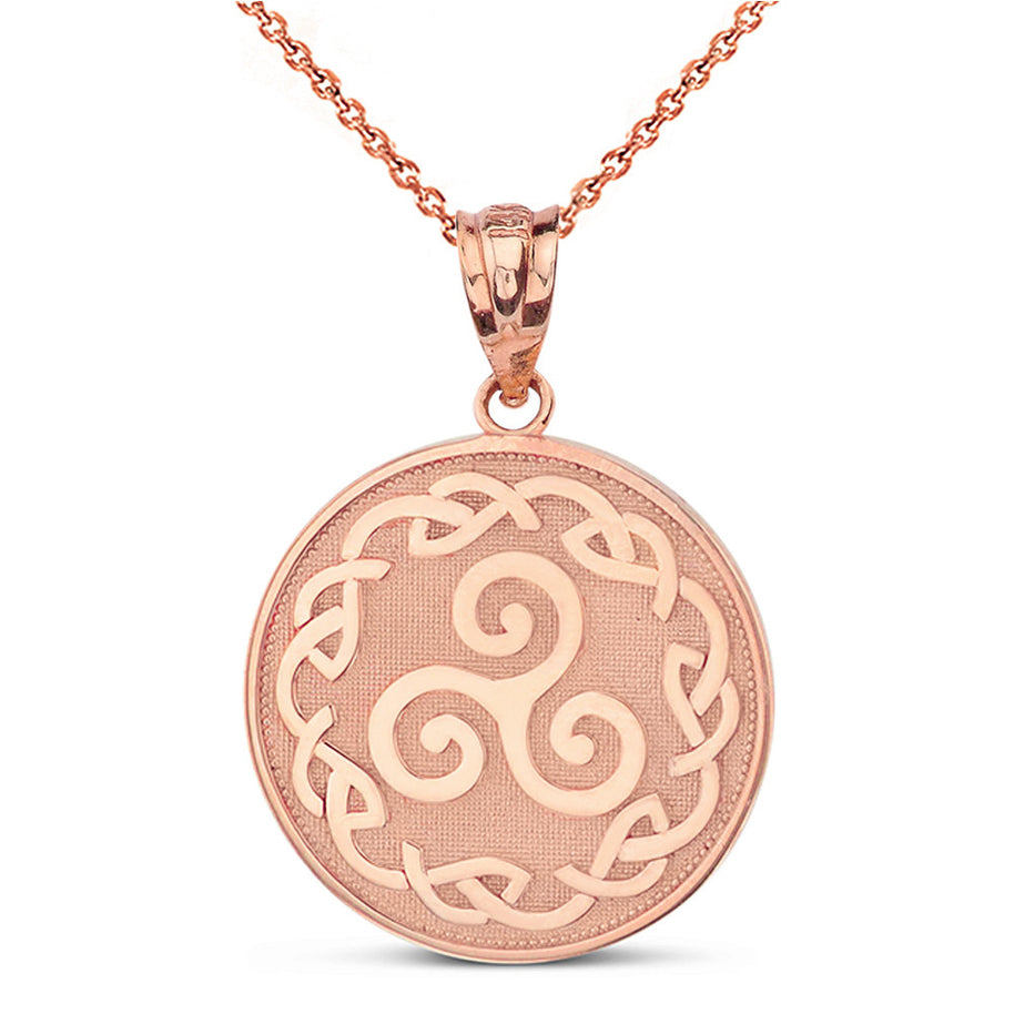 Solid Gold Triskele Triple Spiral Celtic Disc Pendant Necklace(Available in Yellow/Rose/White)
