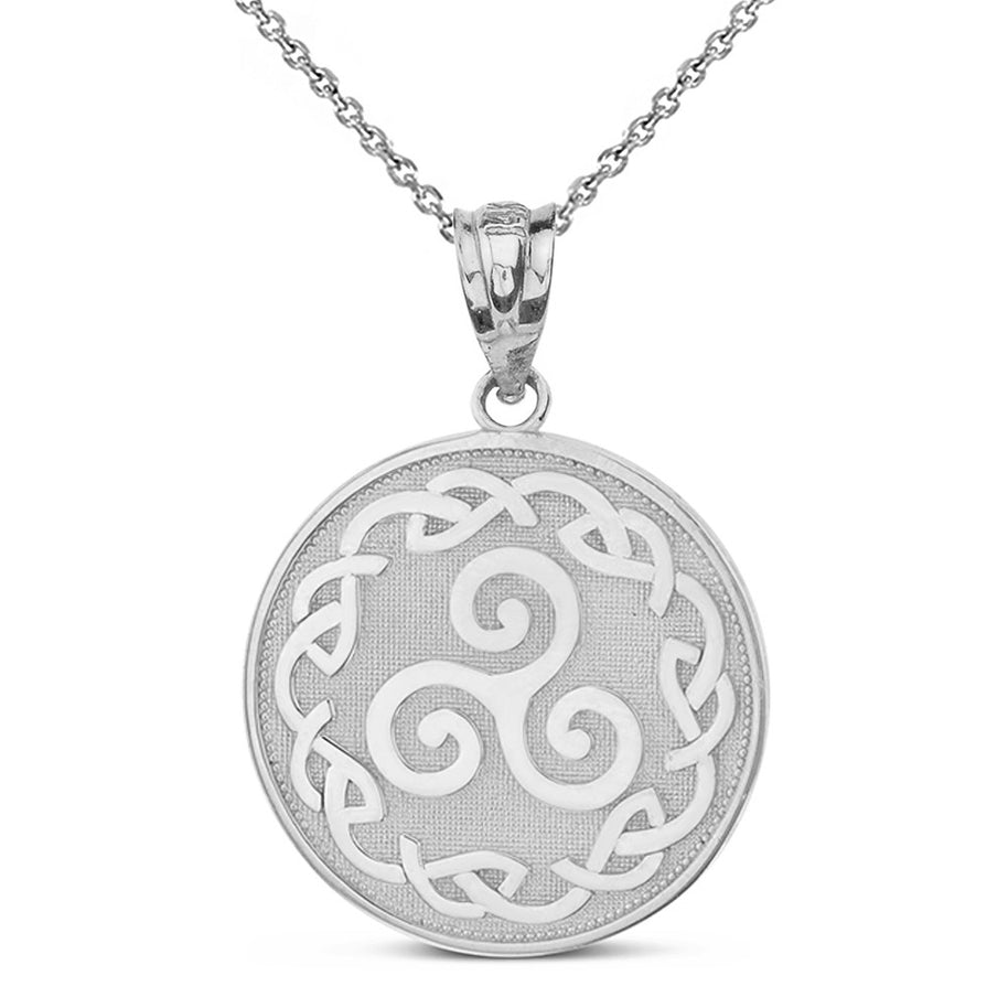Sterling Silver Triskele Triple Spiral Celtic Disc Pendant Necklace