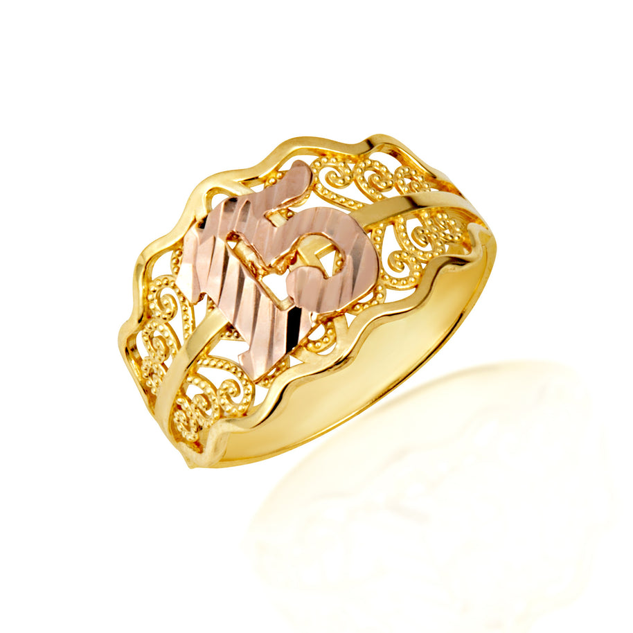 Gold Woman's Cherished 15 Años Ring (Available in Yellow/White Gold)