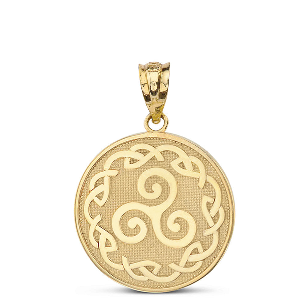 Solid Gold Triskele Triple Spiral Celtic Disc Pendant Necklace(Available in Yellow/Rose/White)
