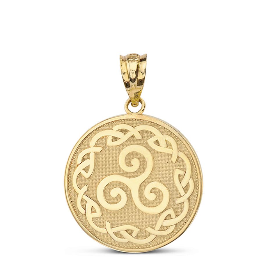 Solid Gold Triskele Triple Spiral Celtic Disc Pendant Necklace(Available in Yellow/Rose/White)