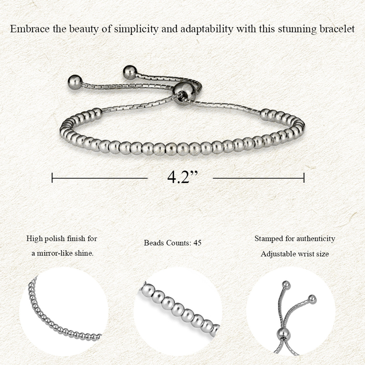 .925 Sterling Silver Adjustable Beaded Lariat Bracelet