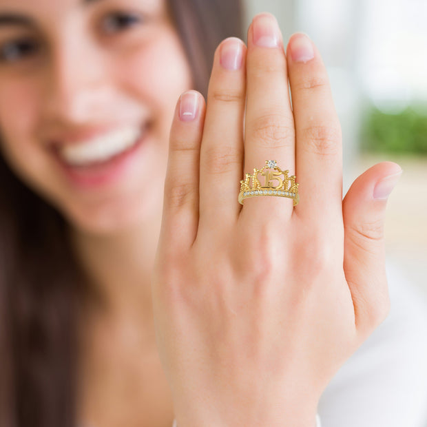 Gold Cubic Zirconia Crown 15 Años Quinceañera Ring (Available in Yellow/Rose/White Gold)