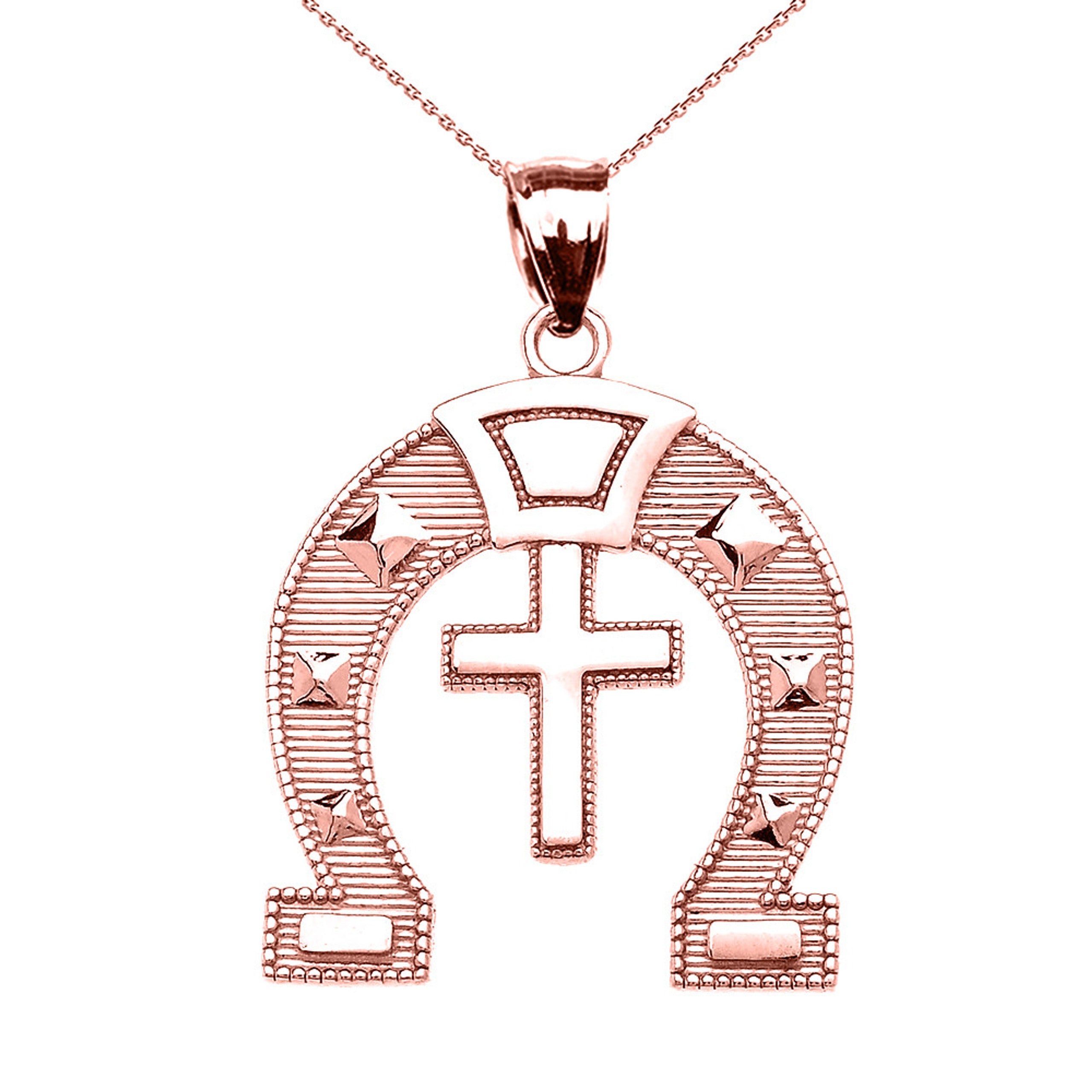 Gold Striped Horseshoe Cross Milgrain Pendant Necklace (Available in Yellow/Rose/White Gold)