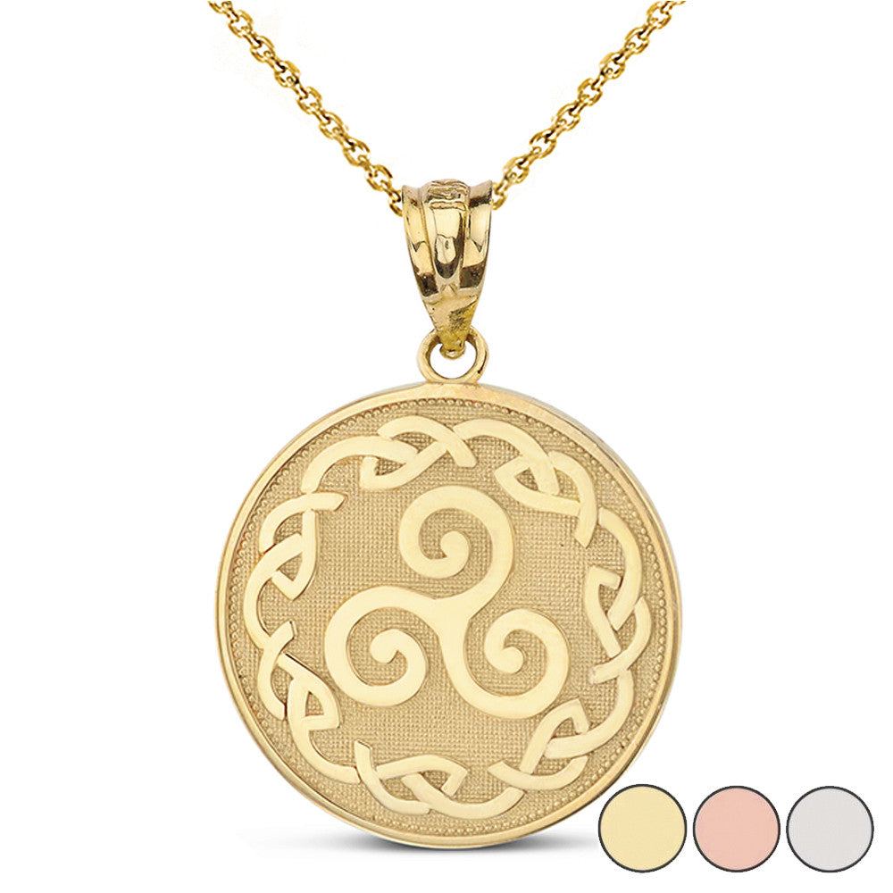 Solid Gold Triskele Triple Spiral Celtic Disc Pendant Necklace(Available in Yellow/Rose/White)