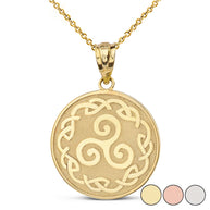 Solid Gold Triskele Triple Spiral Celtic Disc Pendant Necklace(Available in Yellow/Rose/White)