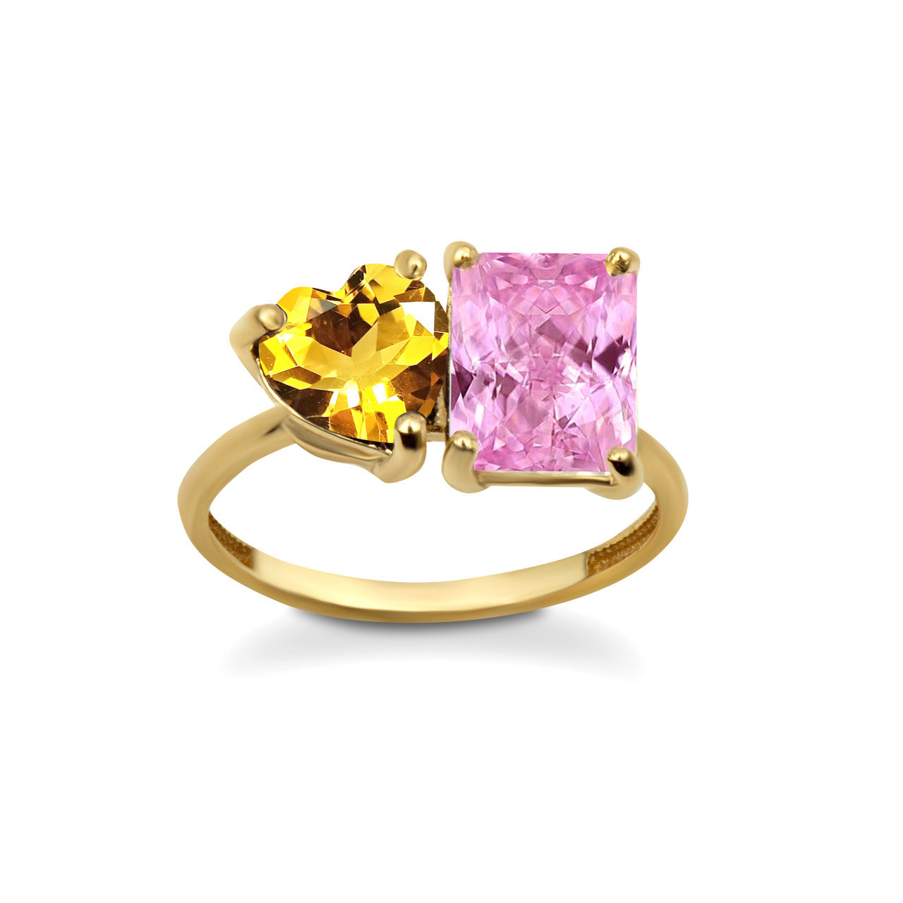 Gold Custom Toi et Moi Heart & Emerald Cut Birthstone Engagement Ring (Available in Yellow/Rose/White Gold)