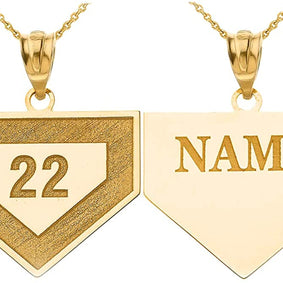 Gold Personalized Sports Home Plate Baseball Base Pendant Necklace with Your Name and Number(Yellow/Rose/White)