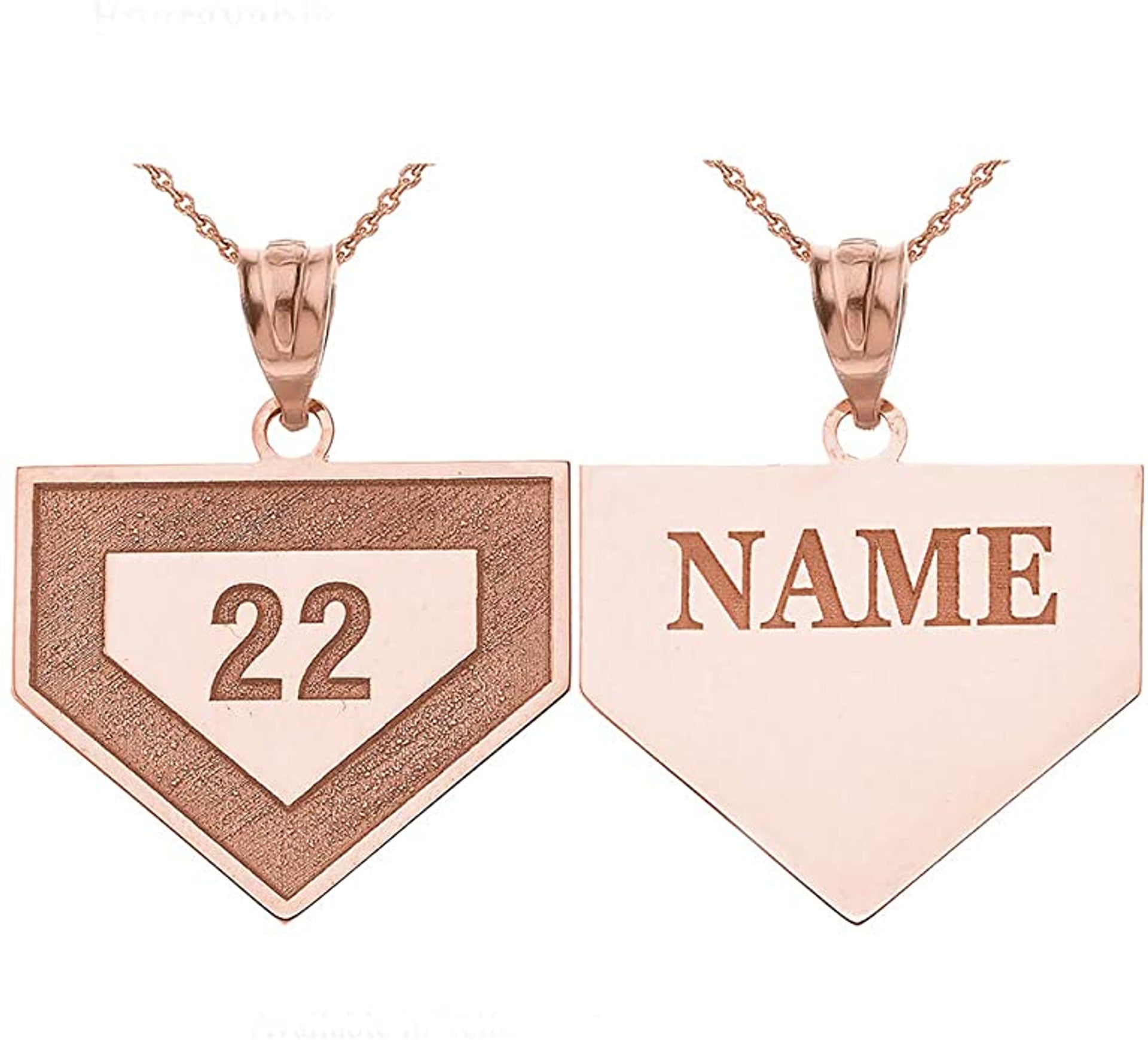Gold Personalized Sports Home Plate Baseball Base Pendant Necklace with Your Name and Number(Yellow/Rose/White)