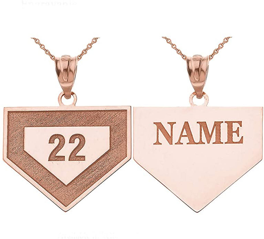 Gold Personalized Sports Home Plate Baseball Base Pendant Necklace with Your Name and Number(Yellow/Rose/White)