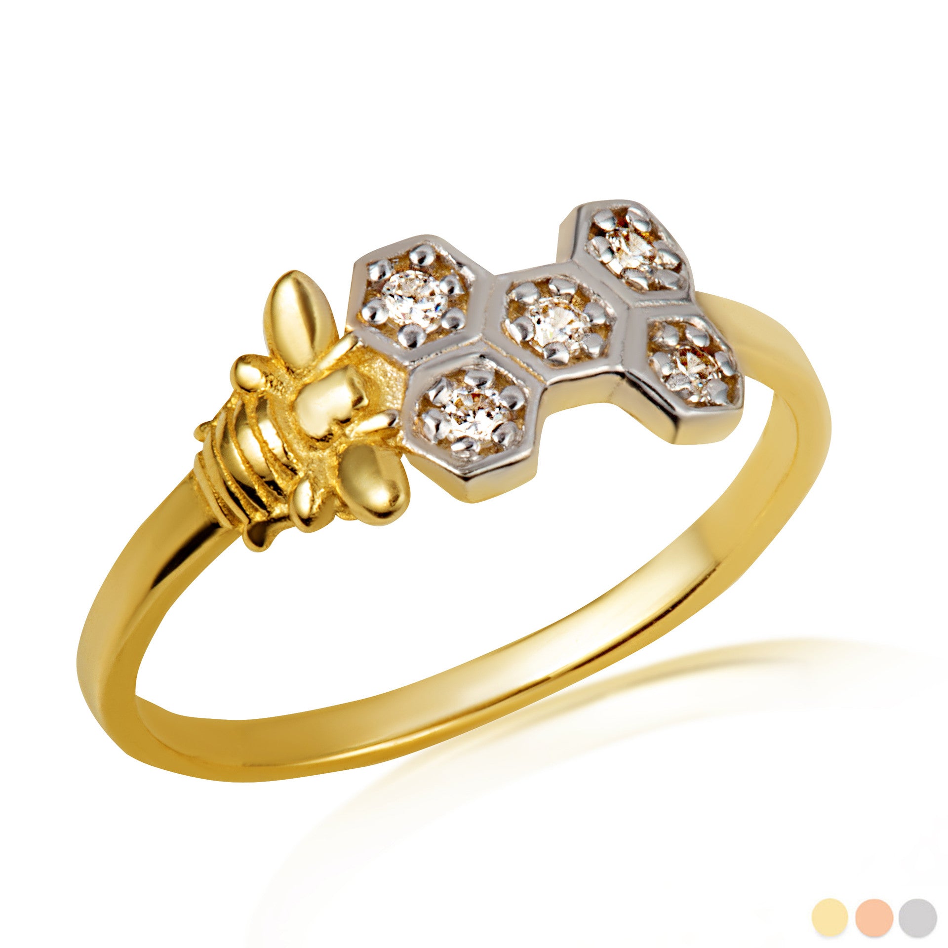 Two-Tone Gold Studded Honeycomb Bumble Bee Ring (Available in Yellow/Rose/White Gold)