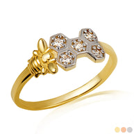 Two-Tone Gold Studded Honeycomb Bumble Bee Ring (Available in Yellow/Rose/White Gold)