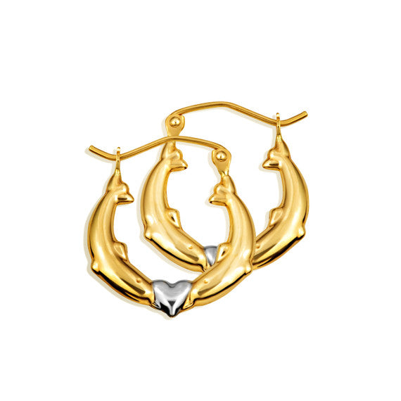 Two-Tone Gold Dolphin Heart Hoop Earrings