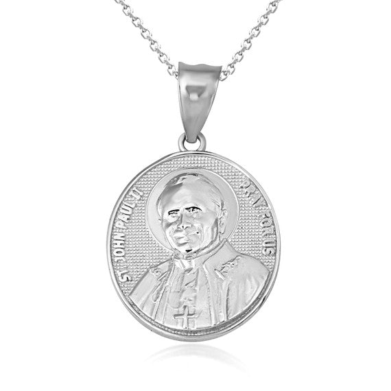 .925 Sterling Silver Religious Patron Saint John Paul II Beaded Medallion Pendant Necklace