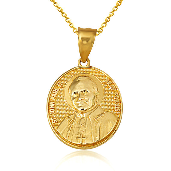 Gold Religious Patron Saint John Paul II Beaded Medallion Pendant Necklace (Available in Yellow/Rose/White Gold)