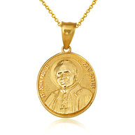 Gold Religious Patron Saint John Paul II Beaded Medallion Pendant Necklace (Available in Yellow/Rose/White Gold)