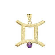Gold Custom Satin Finish Zodiac Sign Birthstone Astrology Pendant Necklace (Available in Yellow/Rose/White Gold)