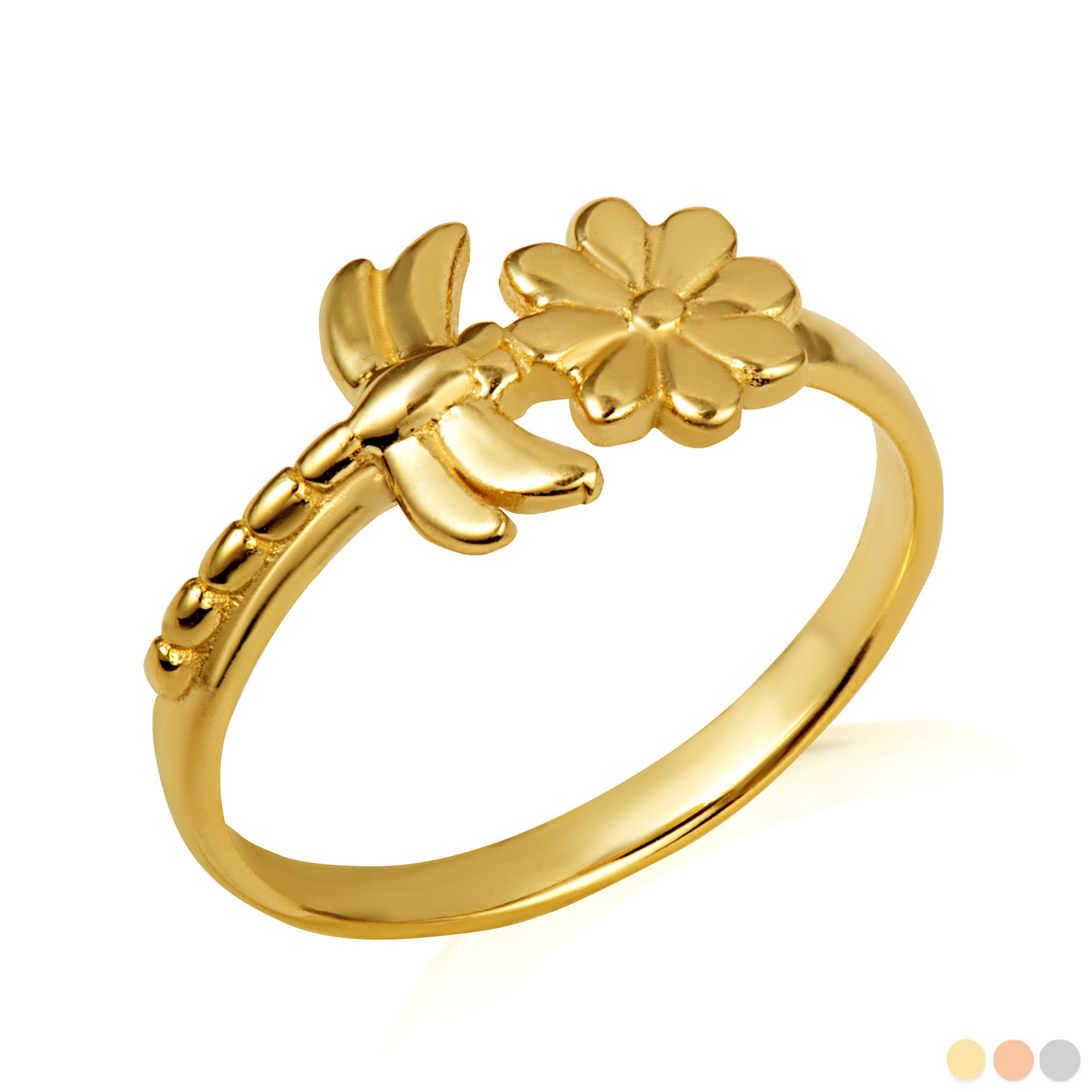 Gold Dragonfly Daisy Flower Nature Ring (Available in Yellow/Rose/White Gold)